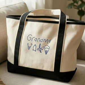 Custom Grandma Tote Bag with Kid Art, Embroidered Mimi Gift from Kids’ Artwork