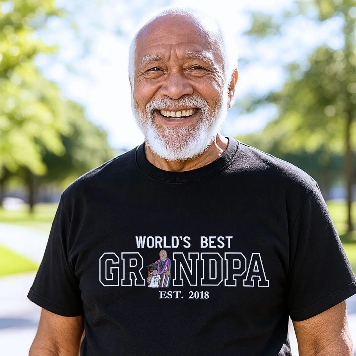Custom embroidered World’s Best Grandpa shirt with photo portrait and sleeve text