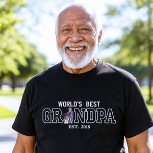 Custom embroidered World’s Best Grandpa shirt with photo portrait and sleeve text