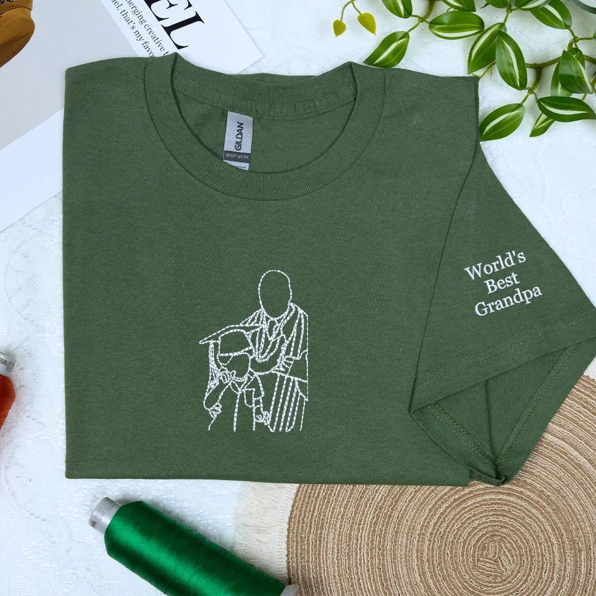 Custom embroidered World’s Best Grandpa shirt with photo portrait and sleeve text