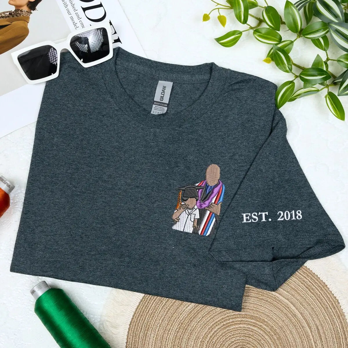 Custom embroidered World’s Best Grandpa shirt with photo portrait and sleeve text