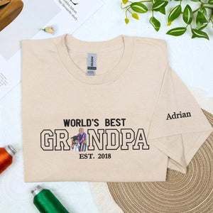 Custom embroidered World’s Best Grandpa shirt with photo portrait and sleeve text
