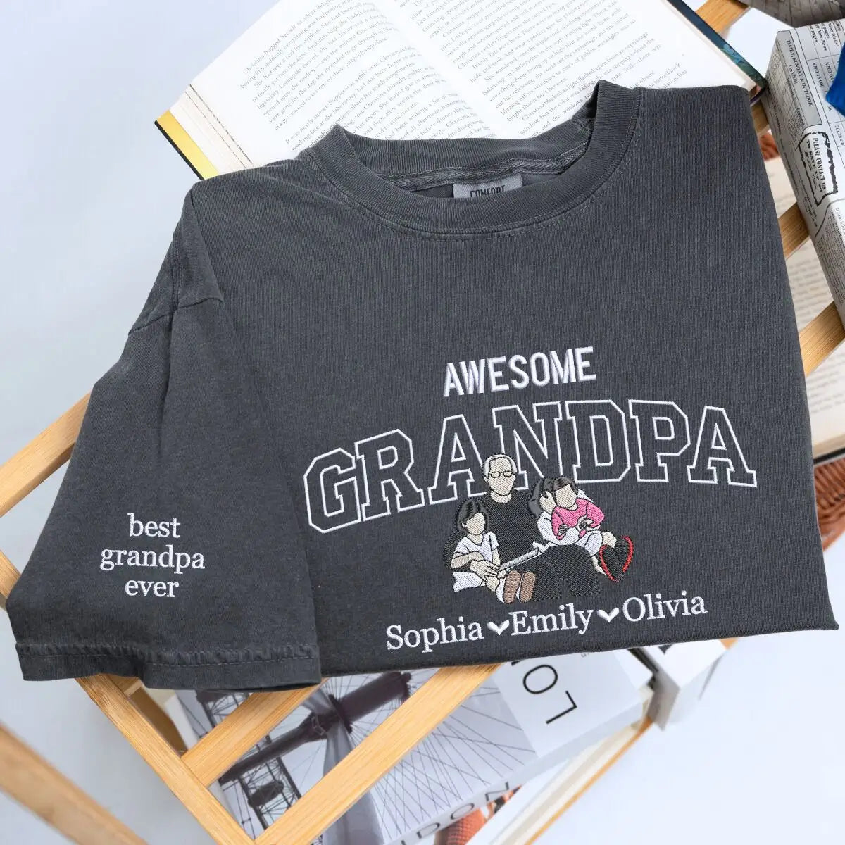 Embroidered grandpa shirt with custom photo portrait and name on sleeve