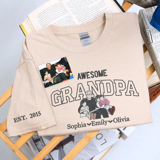 Embroidered grandpa shirt with custom photo portrait and name on sleeve
