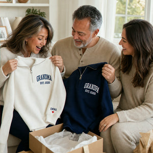 Custom Grandpa Grandma Matching Quarter Zip Sweatshirt, Embroidered Kids Name Sleeve, New Grandparent Gift
