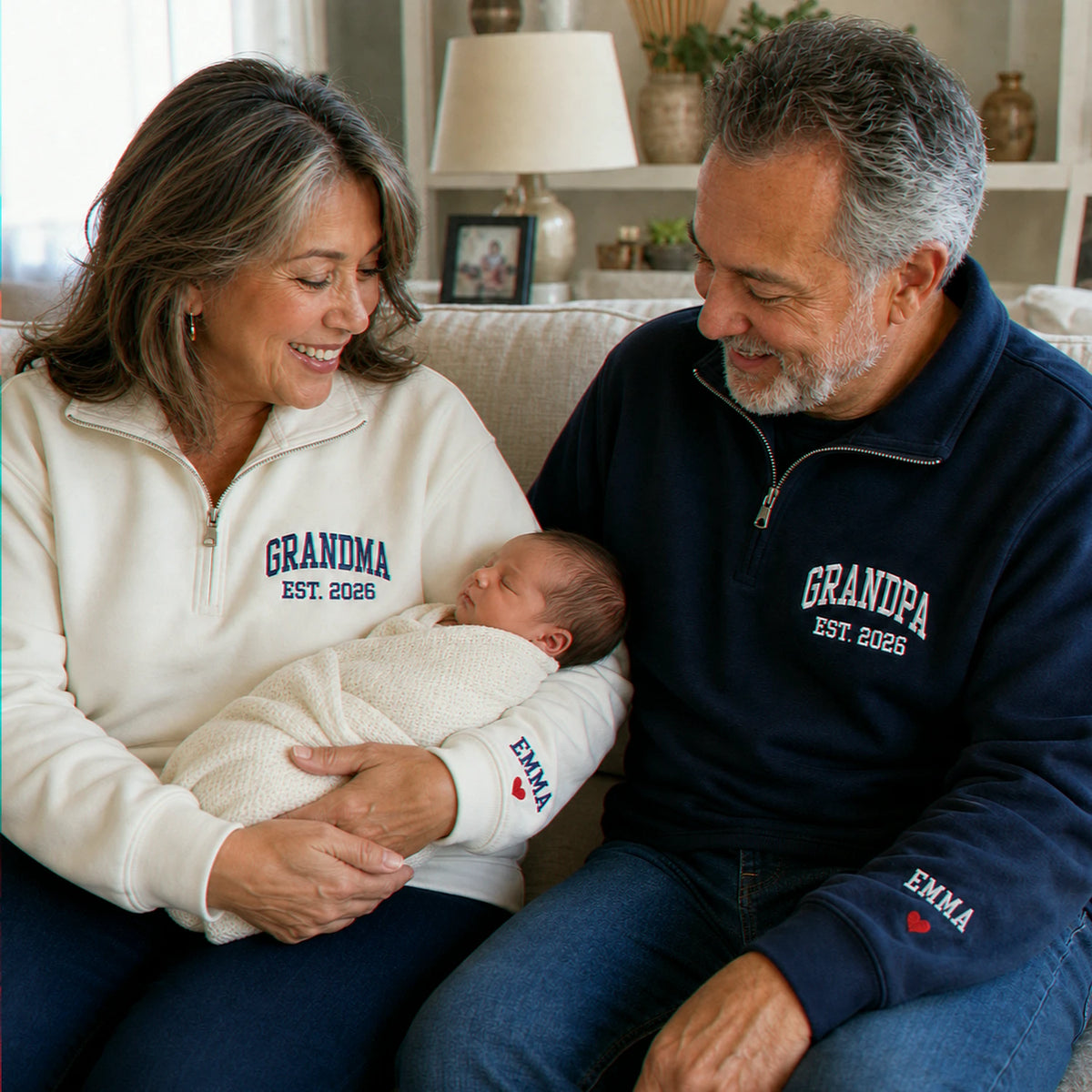 Custom Grandpa Grandma Matching Quarter Zip Sweatshirt, Embroidered Kids Name Sleeve, New Grandparent Gift