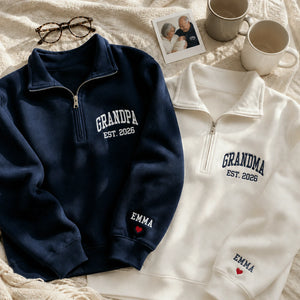 Custom Grandpa Grandma Matching Quarter Zip Sweatshirt, Embroidered Kids Name Sleeve, New Grandparent Gift