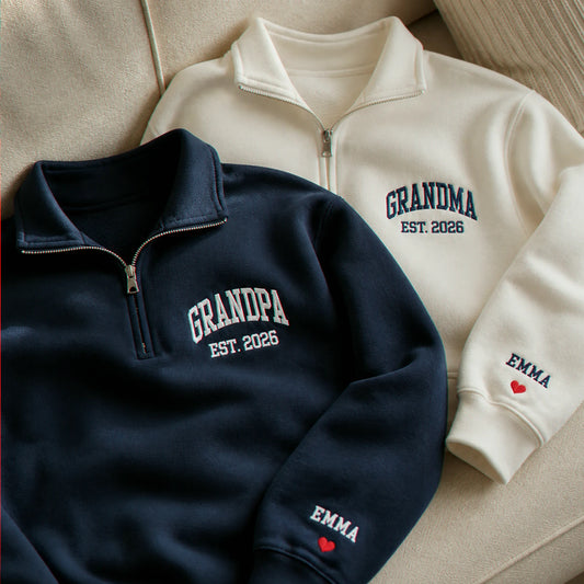 Custom Grandpa Grandma Matching Quarter Zip Sweatshirt, Embroidered Kids Name Sleeve, New Grandparent Gift