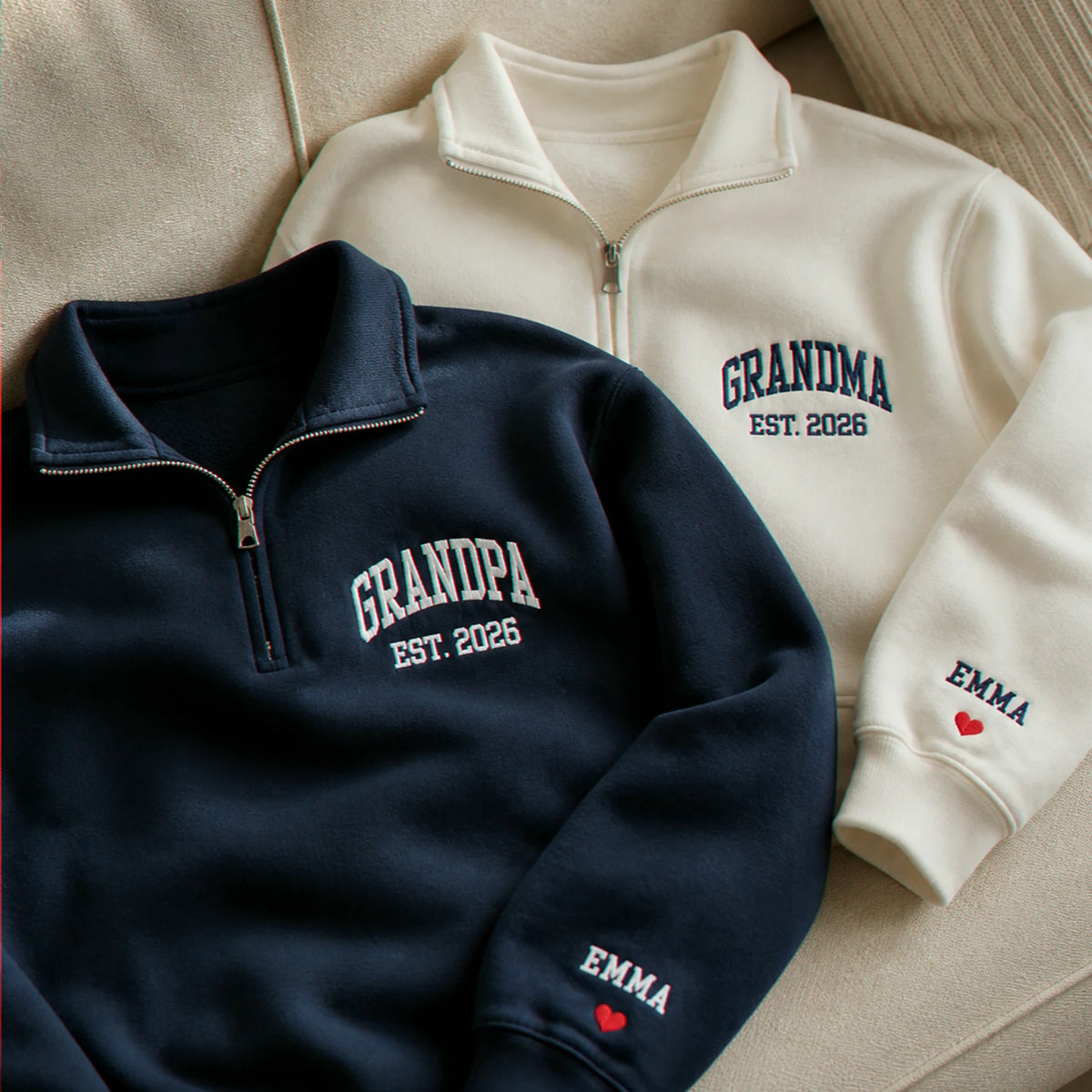 Custom Grandpa Grandma Matching Quarter Zip Sweatshirt, Embroidered Kids Name Sleeve, New Grandparent Gift