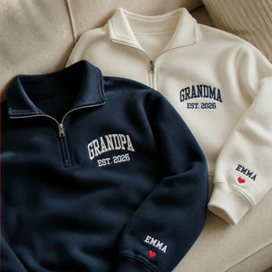 Custom Grandpa Grandma Matching Quarter Zip Sweatshirt, Embroidered Kids Name Sleeve, New Grandparent Gift