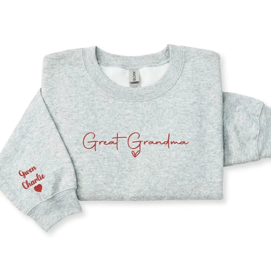 Custom embroidered great grandma sweatshirt with kids names personalized Mother's Day gift for grandma