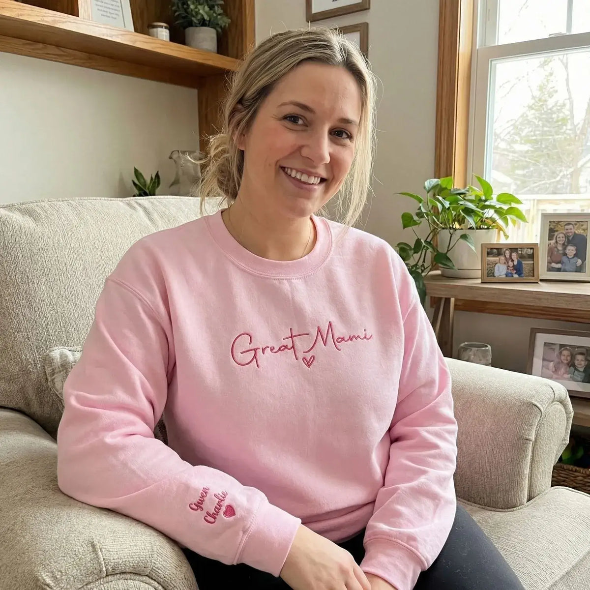 Personalized grandma sweatshirt with grandkids names on sleeve custom gift for grandma from grandkids