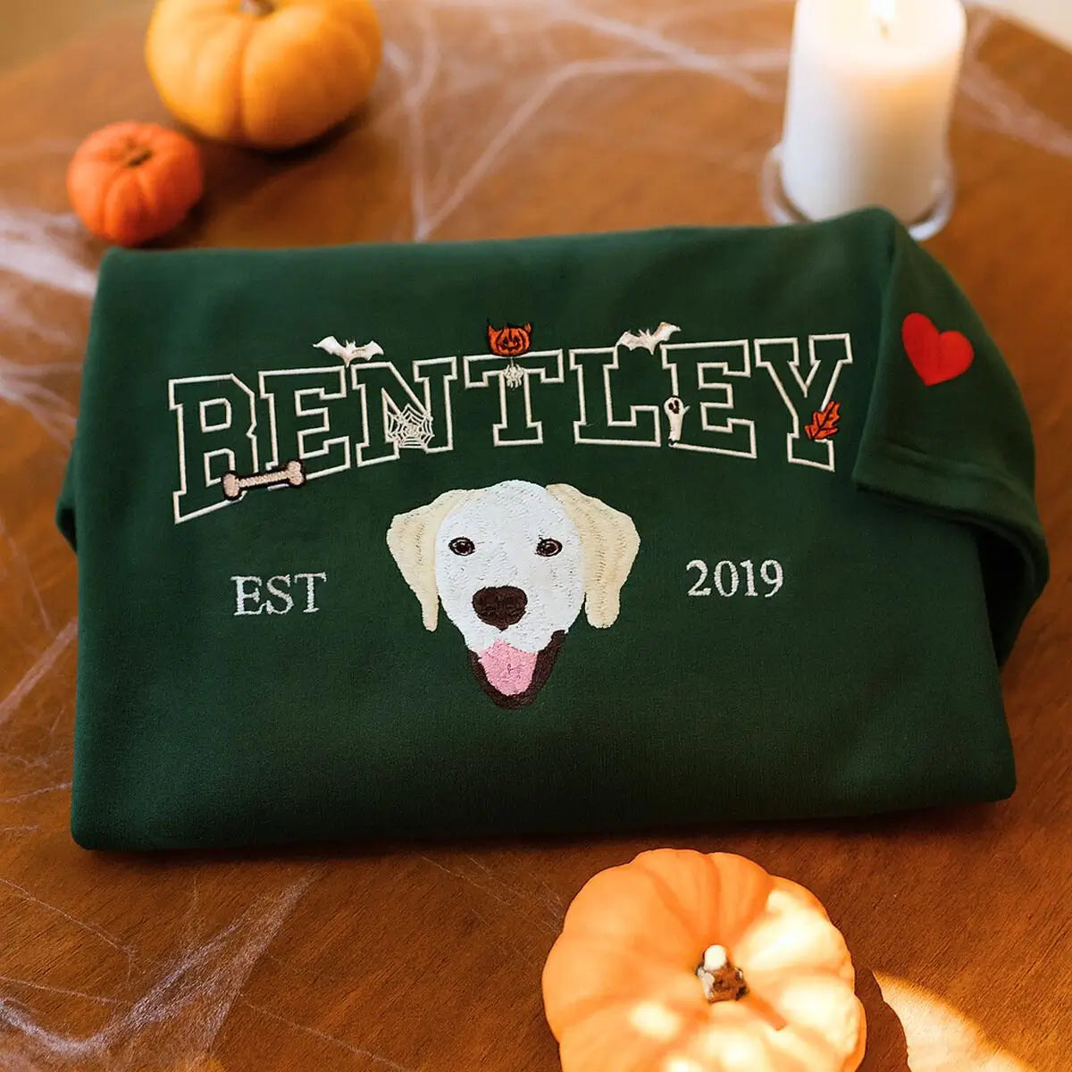 mbroidered custom Halloween shirt with dog face, name, and spooky icons like bats and pumpkins