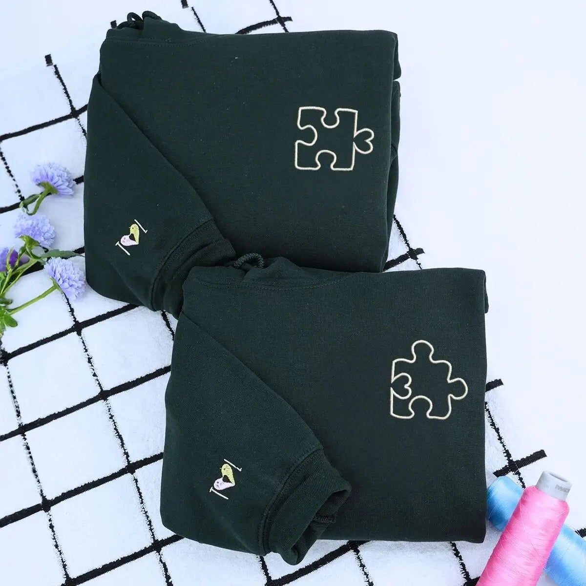 Custom embroidered heart puzzle hoodie for couples, Valentine’s gift for wife or husband