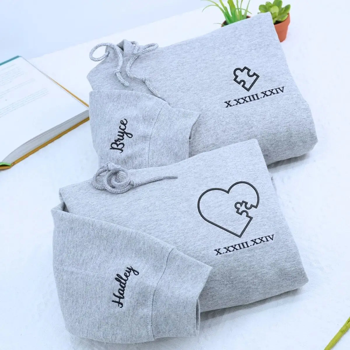 Custom embroidered heart puzzle hoodie for couples, Valentine’s gift for wife or husband