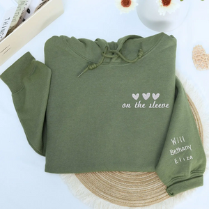 Custom embroidered heart on sleeve hoodie for mom with children’s real handwriting names stitched