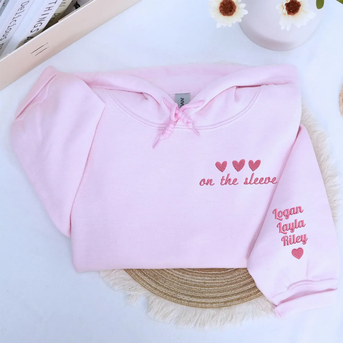 Custom embroidered heart on sleeve hoodie for mom with children’s real handwriting names stitched