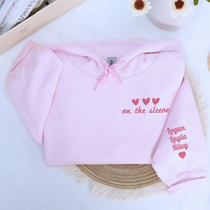Custom embroidered heart on sleeve hoodie for mom with children’s real handwriting names stitched