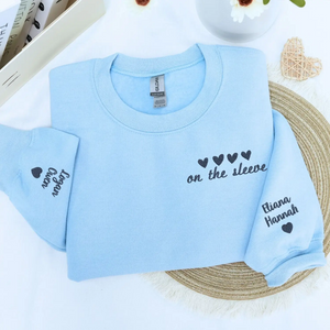 Custom embroidered heart on sleeve hoodie for mom with children’s real handwriting names stitched