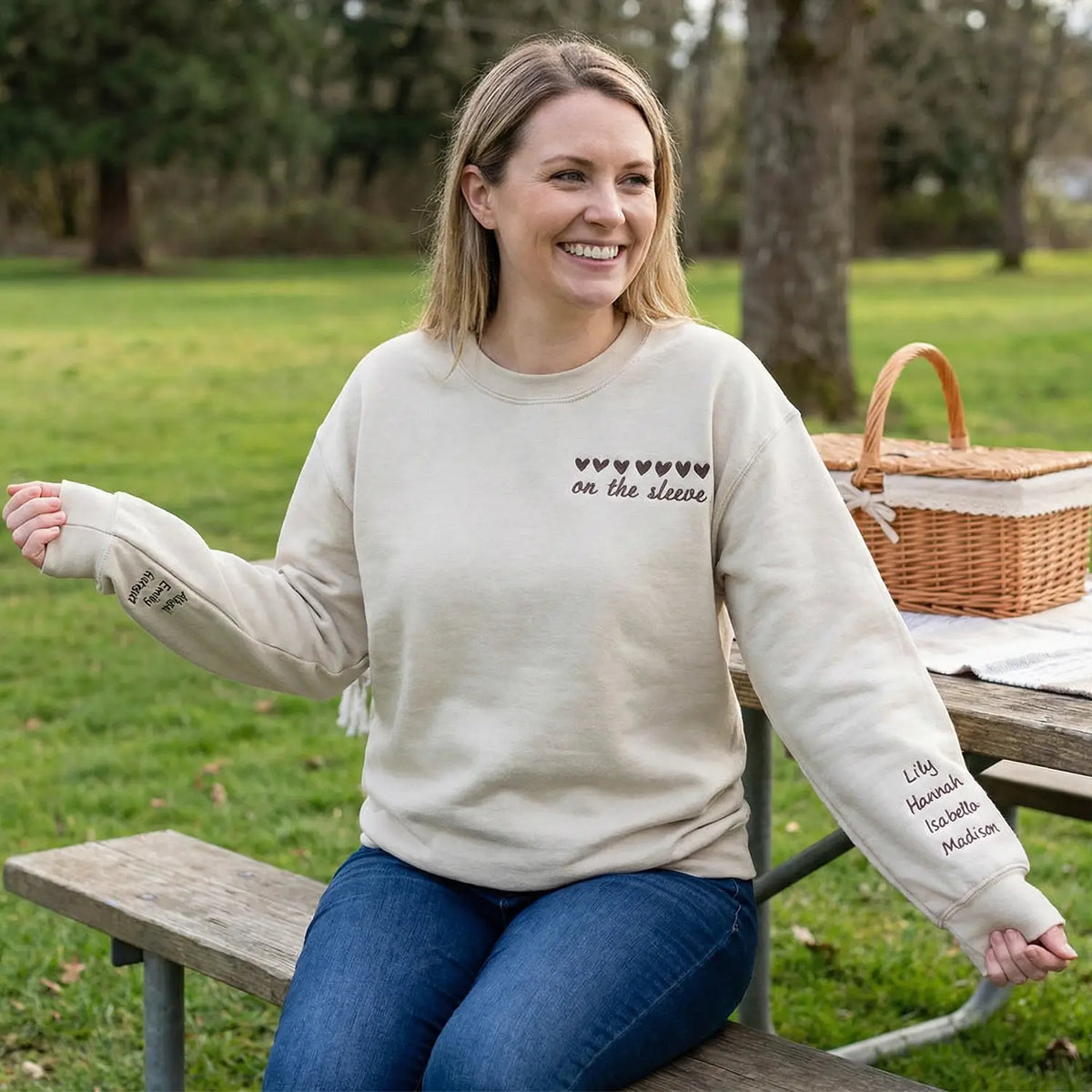 Custom embroidered heart on sleeve hoodie for mom with children’s real handwriting names stitched