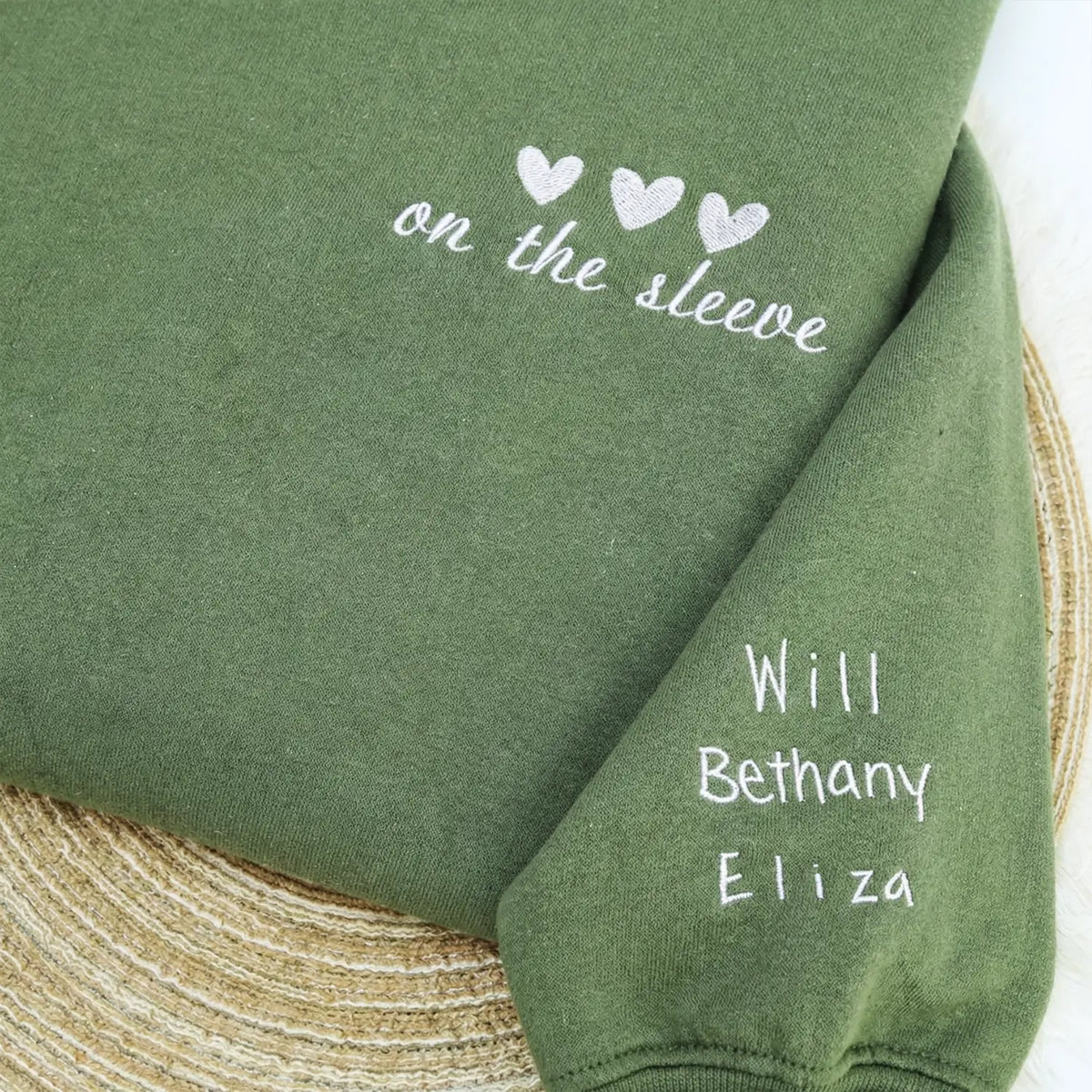 Custom embroidered heart on sleeve hoodie for mom with children’s real handwriting names stitched