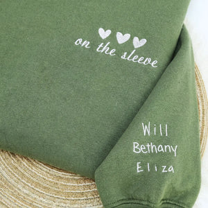 Custom embroidered heart on sleeve hoodie for mom with children’s real handwriting names stitched