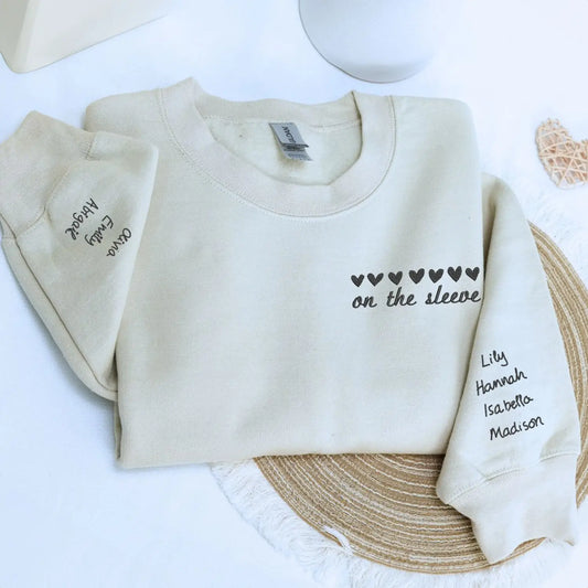 Custom embroidered heart on sleeve hoodie for mom with children’s real handwriting names stitched