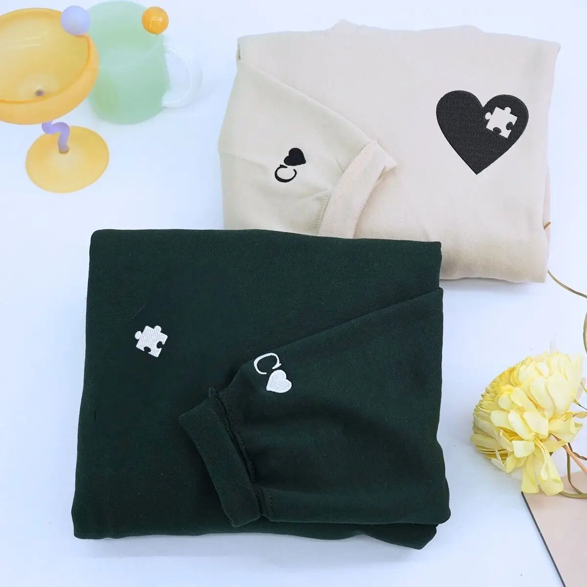 Custom embroidered heart puzzle hoodie for couples, Valentine’s gift for wife or husband