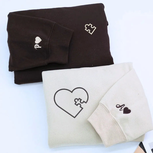 Custom embroidered heart puzzle hoodie for couples, Valentine’s gift for wife or husband