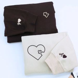 Custom embroidered heart puzzle hoodie for couples, Valentine’s gift for wife or husband