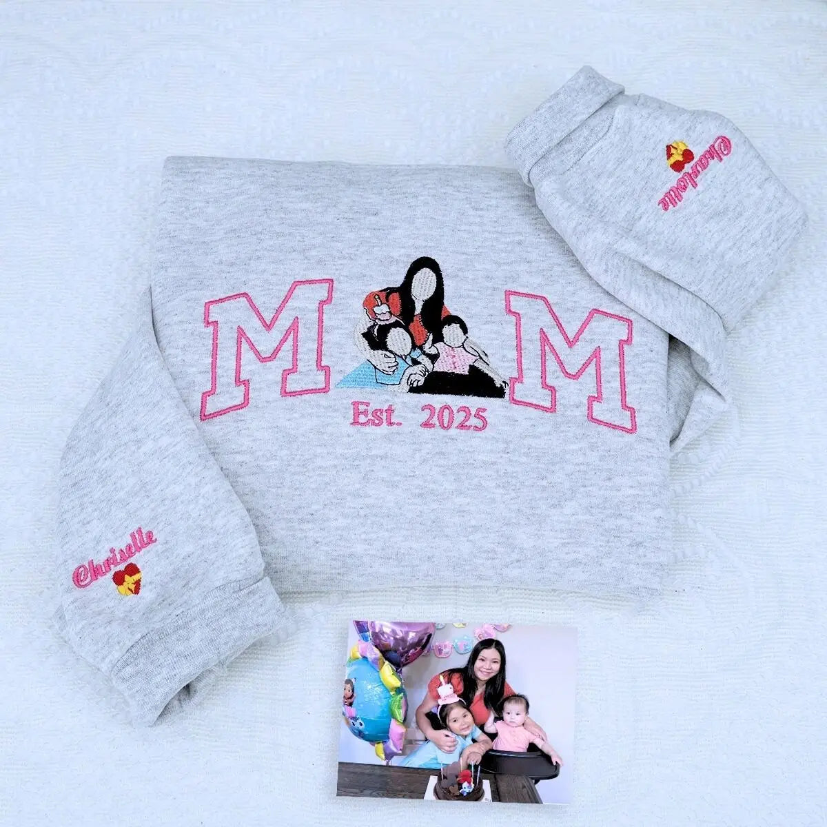 Embroidered custom hoodie for mom featuring kids' photo, gift from husband for Mother's Day or birthday