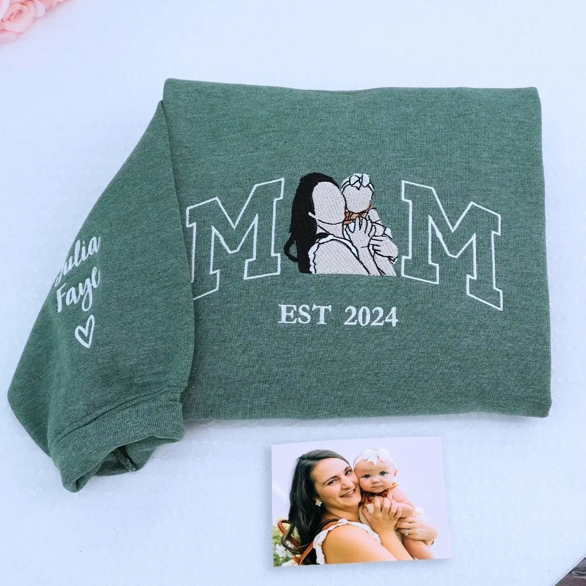 Embroidered custom hoodie for mom featuring kids' photo, gift from husband for Mother's Day or birthday
