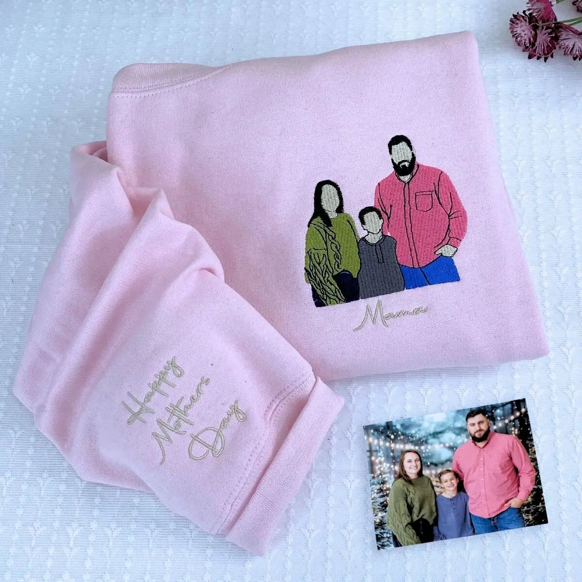Embroidered custom hoodie for mom featuring kids' photo, gift from husband for Mother's Day or birthday