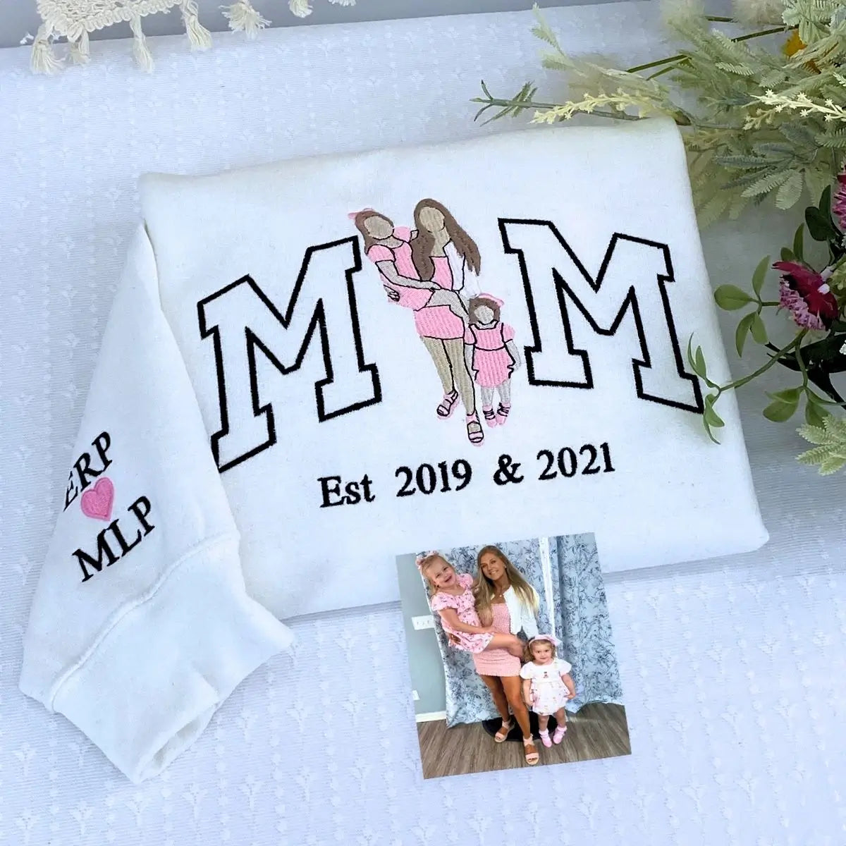 Embroidered custom hoodie for mom featuring kids' photo, gift from husband for Mother's Day or birthday