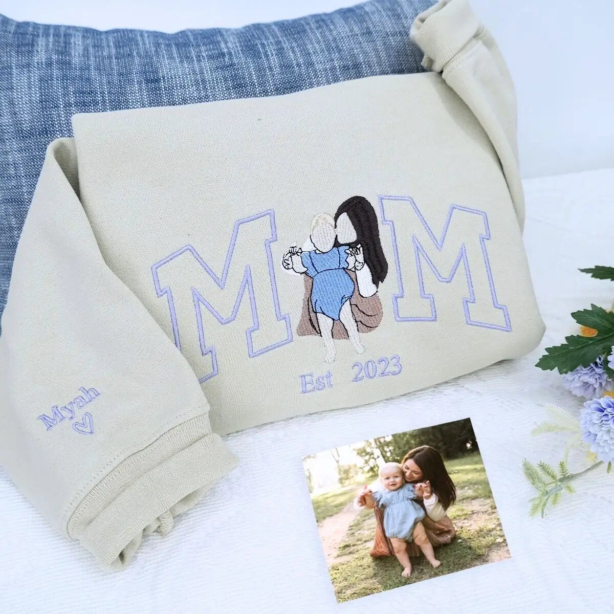 Embroidered custom hoodie for mom featuring kids' photo, gift from husband for Mother's Day or birthday