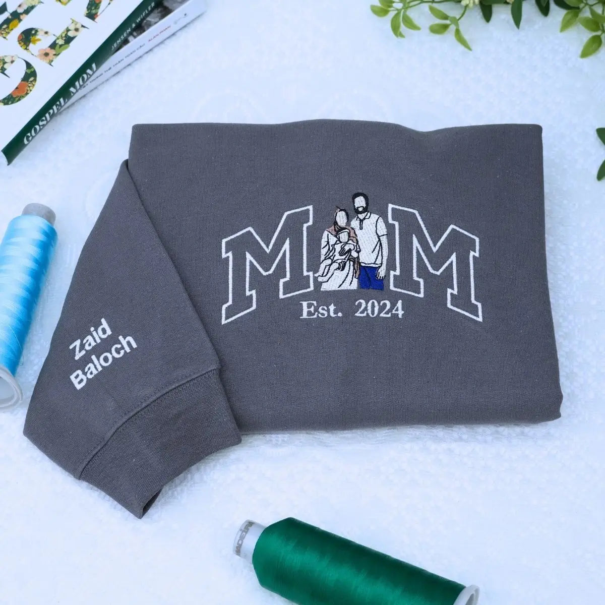 Embroidered custom hoodie for mom featuring kids' photo, gift from husband for Mother's Day or birthday