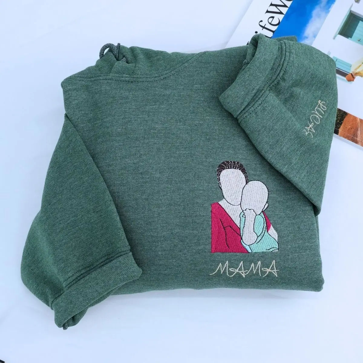 Embroidered custom hoodie for mom featuring kids' photo, gift from husband for Mother's Day or birthday
