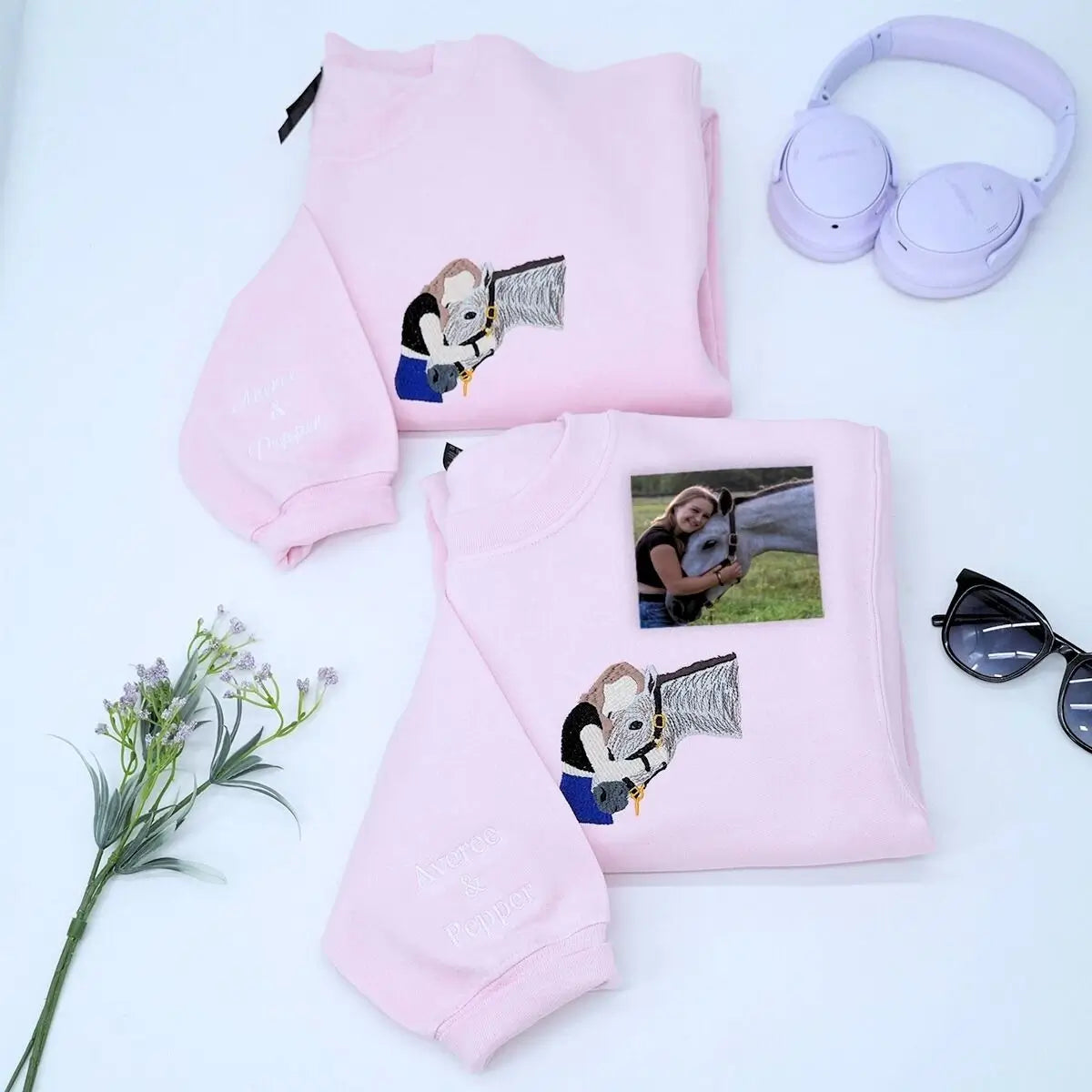 Custom embroidered sweatshirt with daughter's horse photo and heartfelt message from Mom and Dad