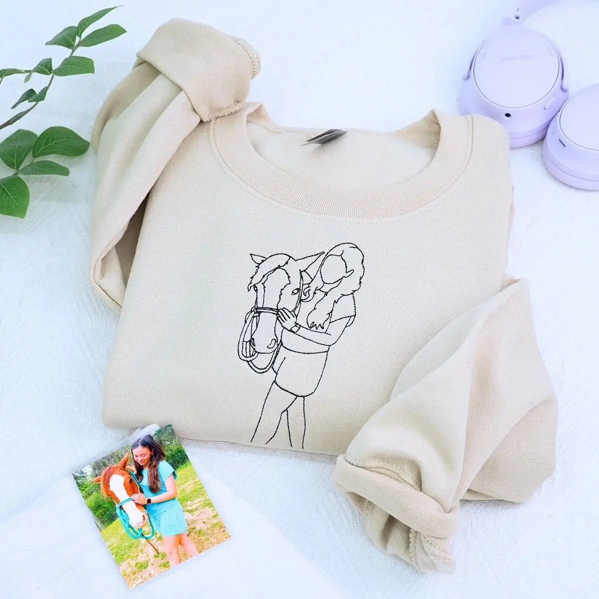 Custom embroidered sweatshirt with daughter's horse photo and heartfelt message from Mom and Dad