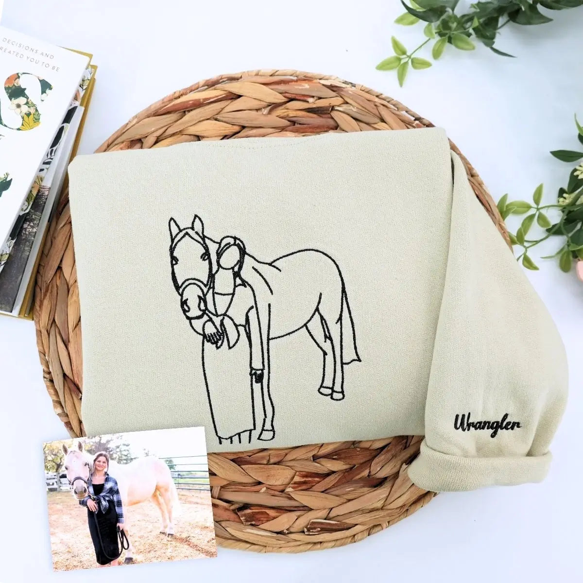 Custom embroidered sweatshirt with daughter's horse photo and heartfelt message from Mom and Dad