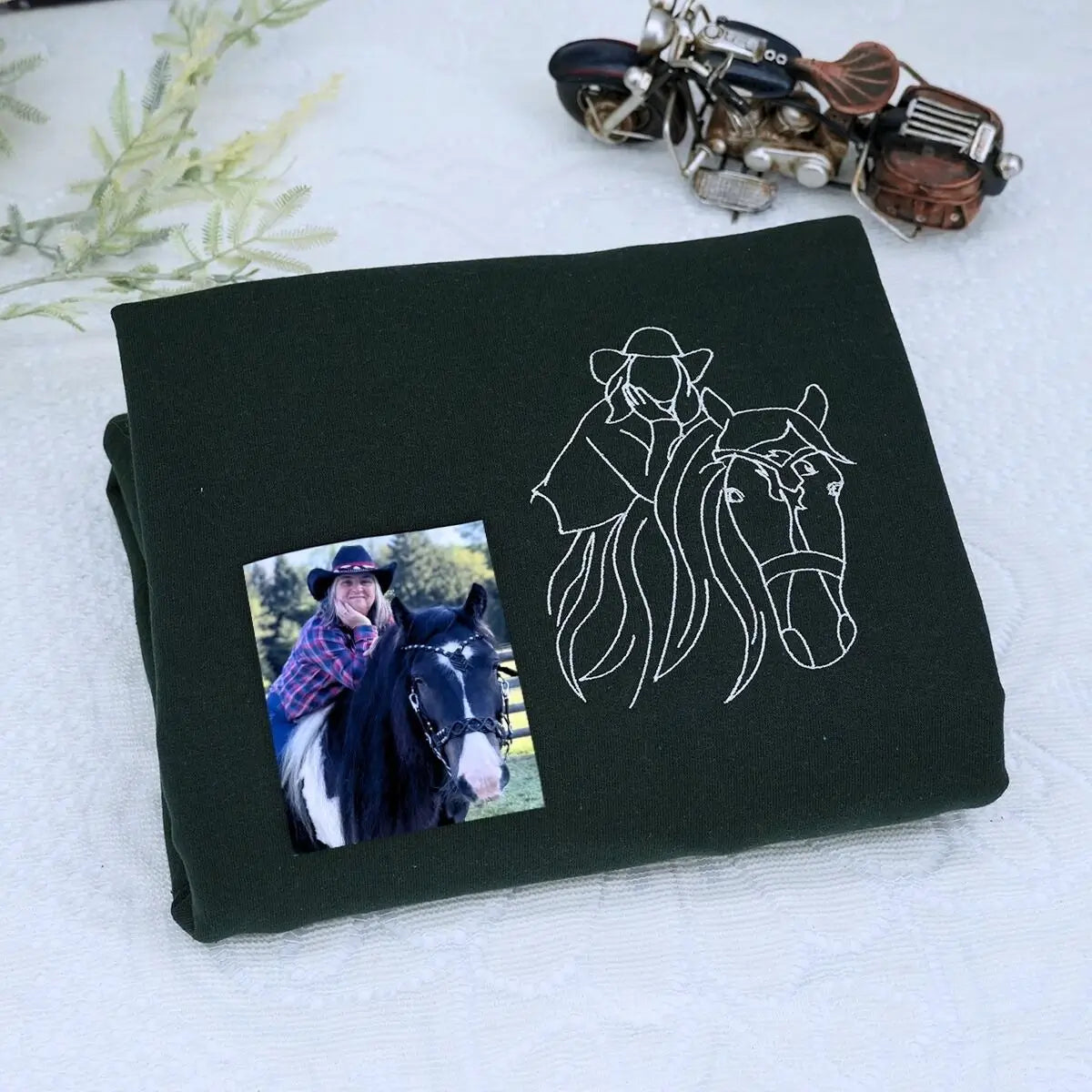 Custom embroidered sweatshirt with daughter's horse photo and heartfelt message from Mom and Dad
