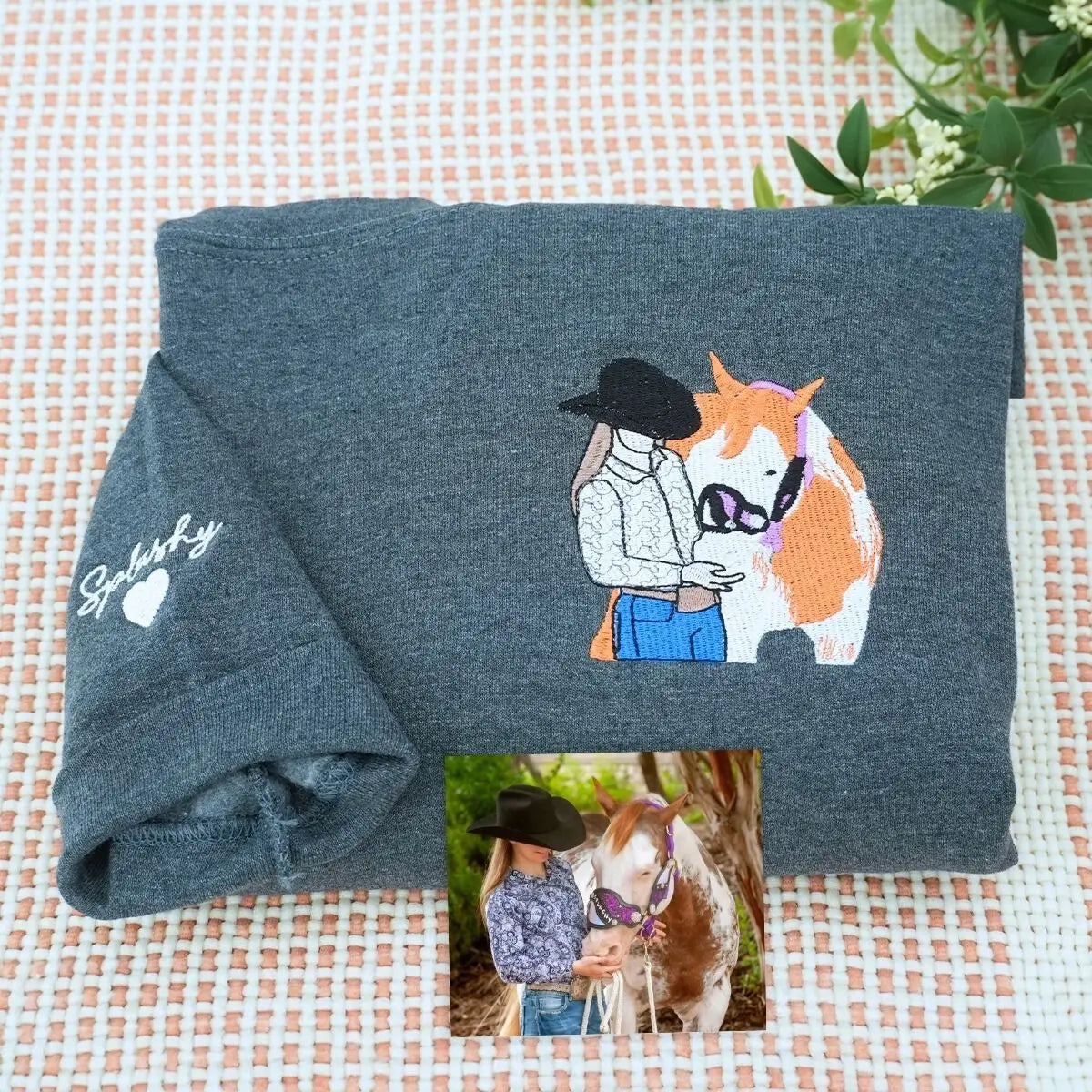 Custom embroidered sweatshirt with daughter's horse photo and heartfelt message from Mom and Dad