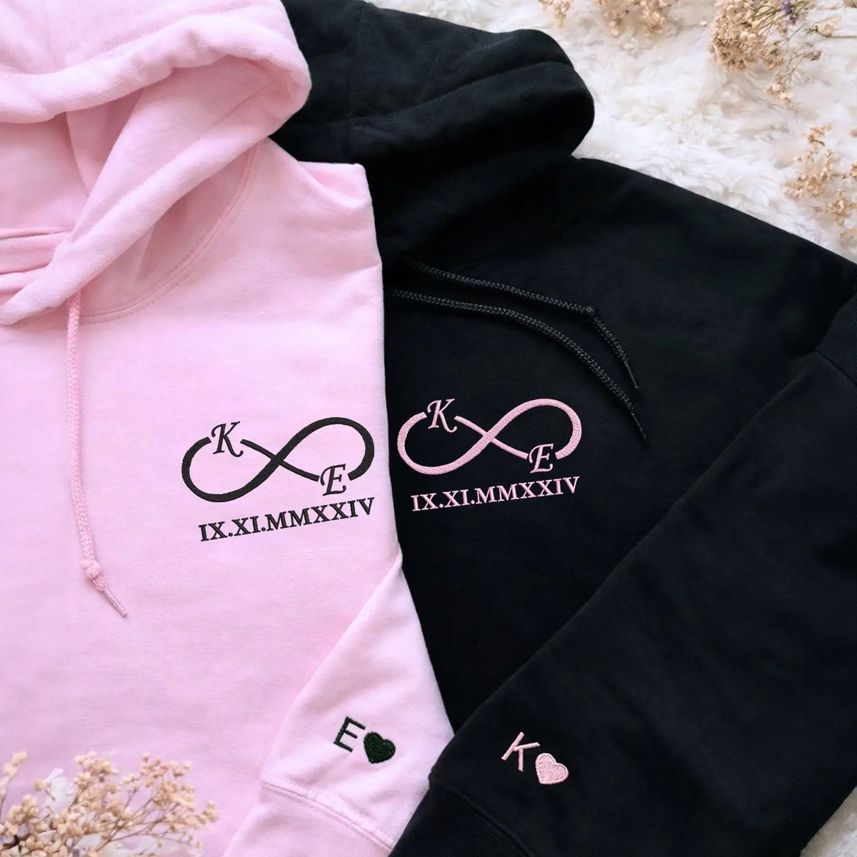 Custom embroidered infinity hoodie with initials, personalized wedding anniversary gift for wife in soft premium fabric