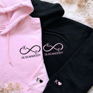 Custom embroidered infinity hoodie with initials, personalized wedding anniversary gift for wife in soft premium fabric