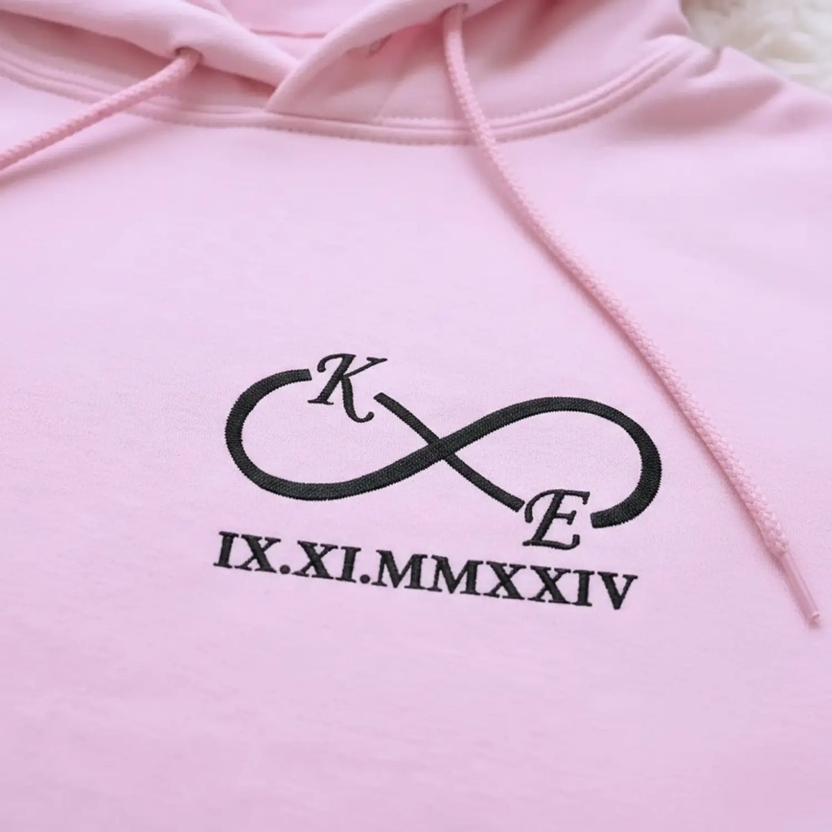 Custom embroidered infinity hoodie with initials, personalized wedding anniversary gift for wife in soft premium fabric