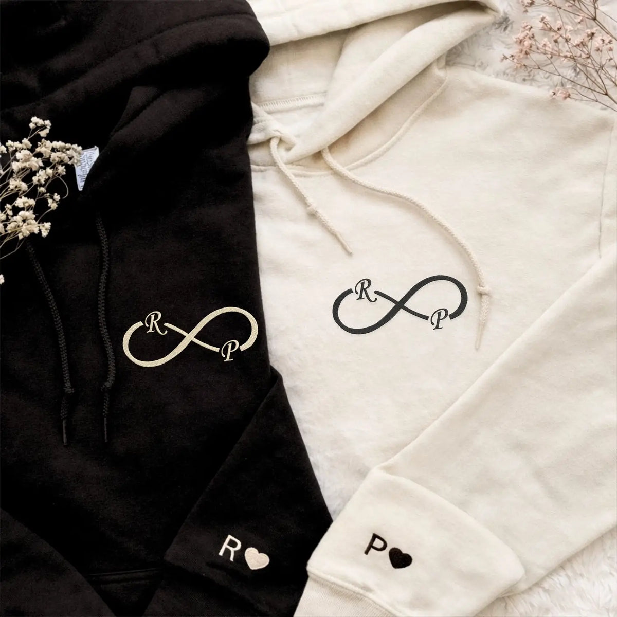 Custom embroidered infinity hoodie with initials, personalized wedding anniversary gift for wife in soft premium fabric
