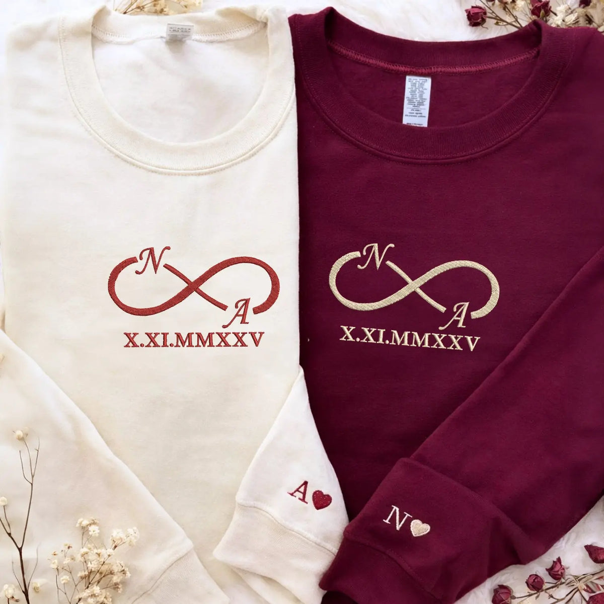 Custom embroidered infinity hoodie with initials, personalized wedding anniversary gift for wife in soft premium fabric