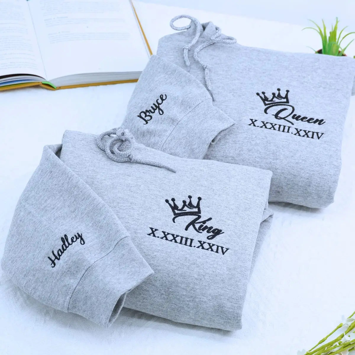 custom embroidered king queen matching hoodies valentines gift