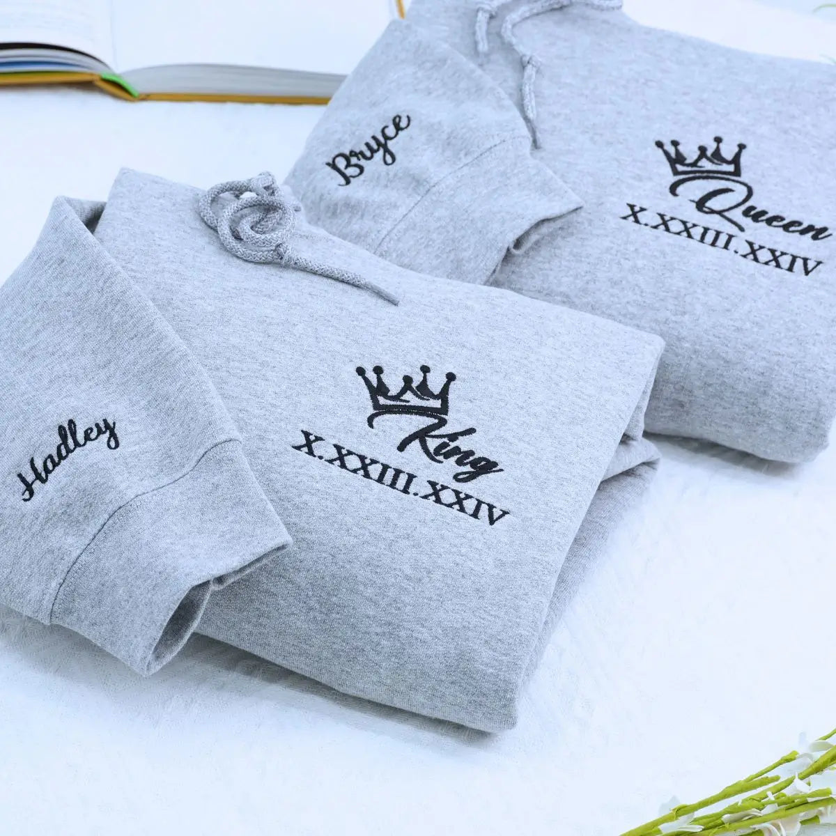 custom embroidered king queen matching hoodies valentines gift