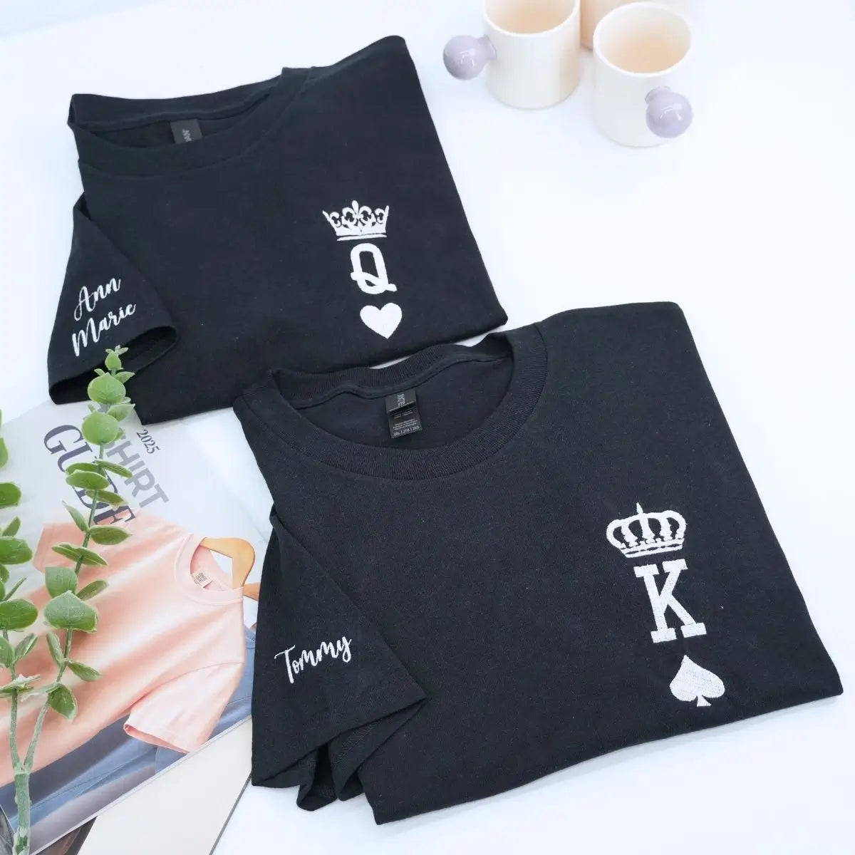 Custom embroidered King and Queen couple shirts in black and white, perfect personalized gift for anniversary or Valentine’s Day